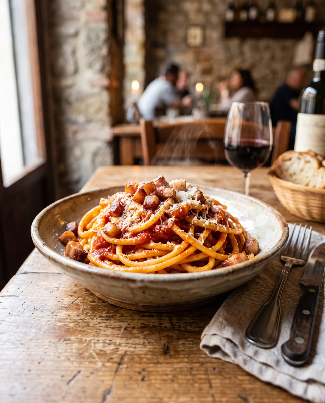 Bucatini all'amatriciana con guanciale croccante e pecorino