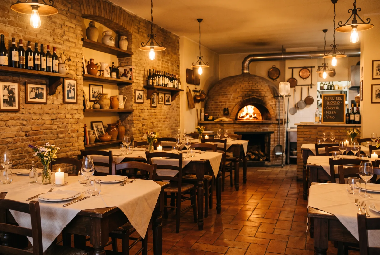 La sala della trattoria Ida Renato e Figli con il forno a legna acceso