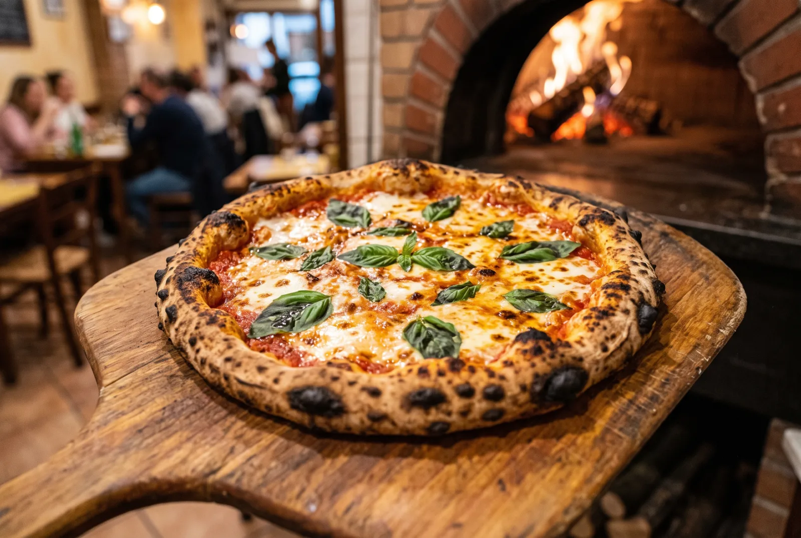 Pizza appena sfornata dal forno a legna, cornicione gonfio e ben cotto